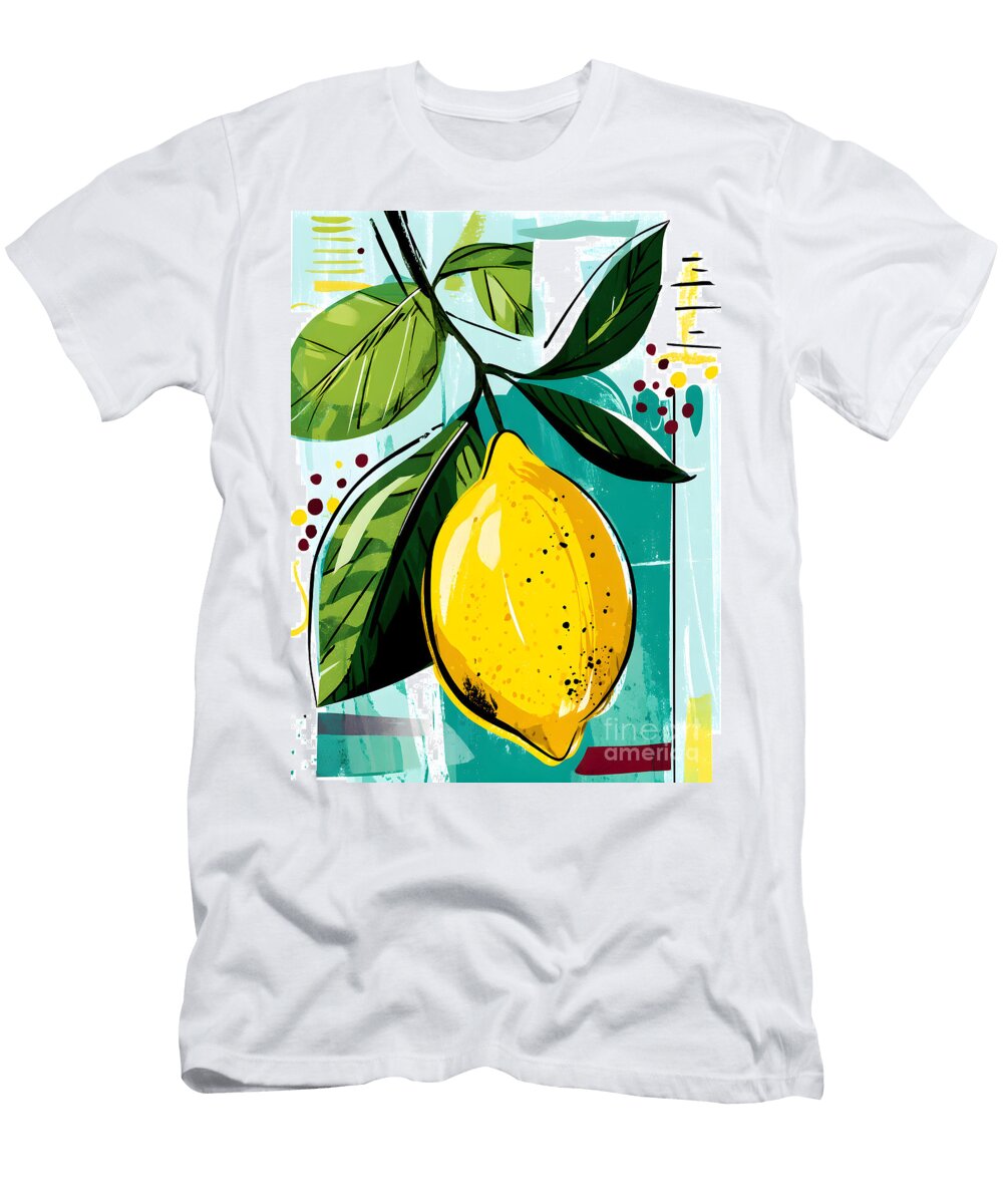 Lemon on the Vine Lively Yellow Lemon Surrounded By Green Leaves Against Abstract Background Olfactoart Studio T-Shirt