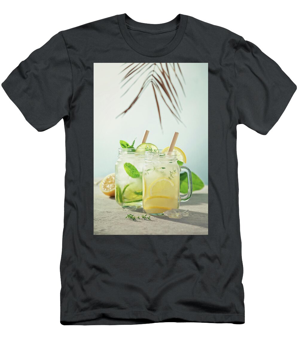 Lemonade and Mojito on Blue Sky Background Close Up Natalia Klenova T-Shirt