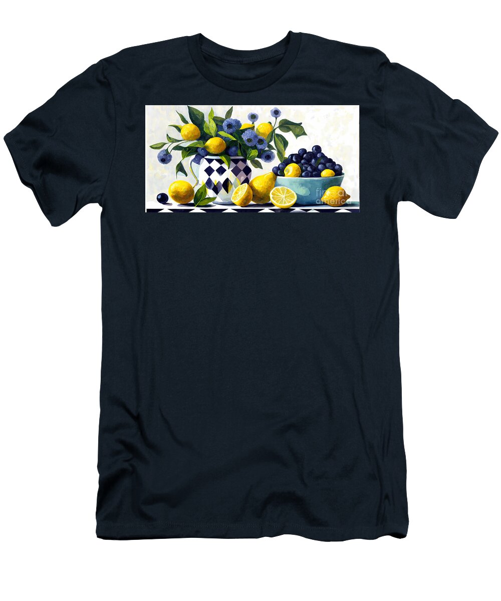 Lemons and Blueberries with Black and White Checkerboard Design Richelle Peterson T-Shirt
