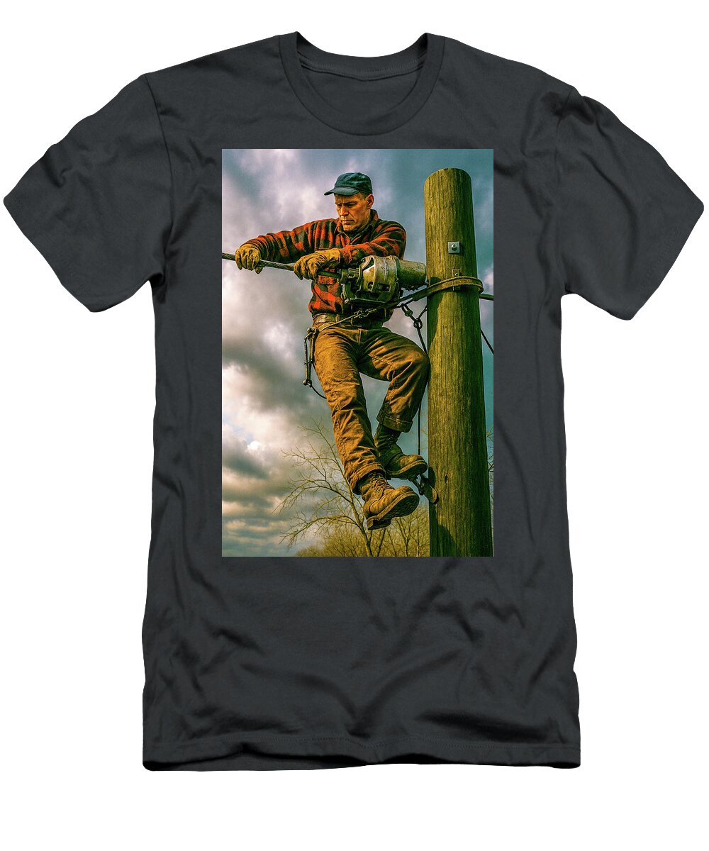 Lineman Working on Utility Pole Brian Stevens T-Shirt
