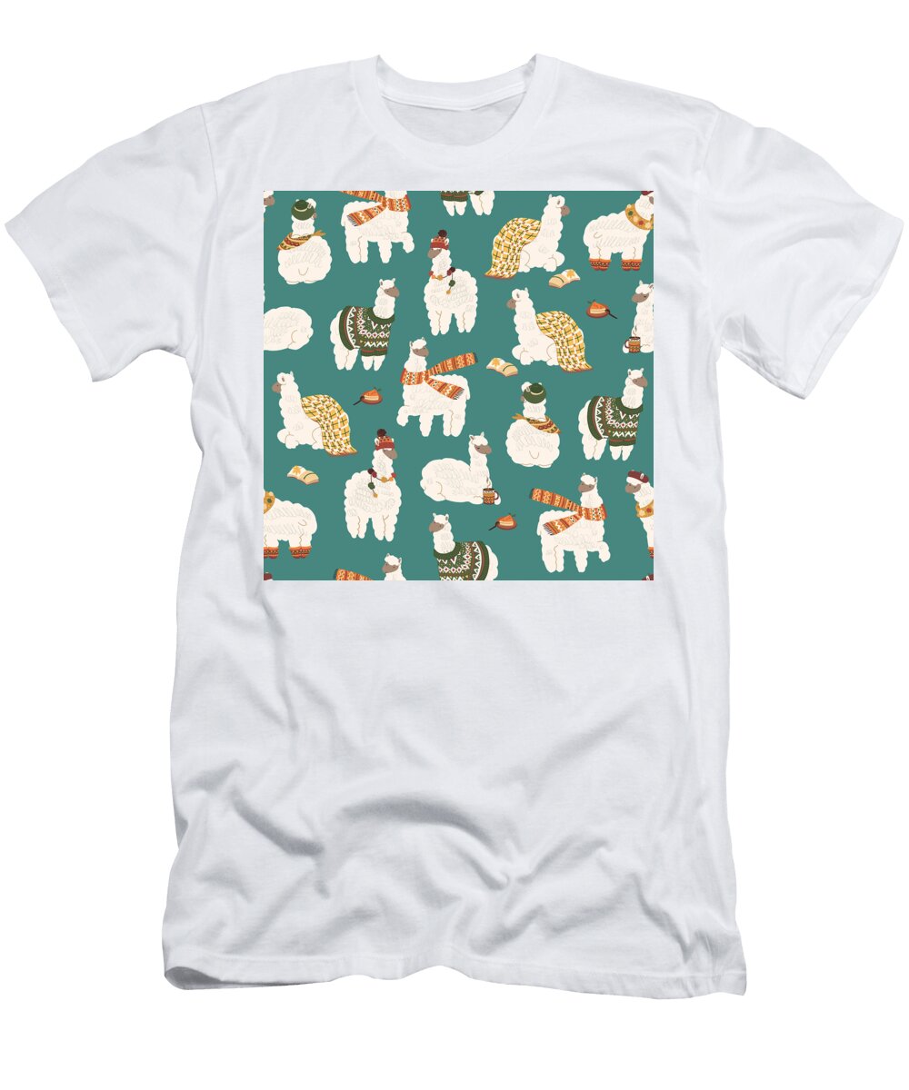 Llama Alpaca with Sweater Plaid Book Coffee Scarf Seamless Hand Drawn Pattern Julien T-Shirt