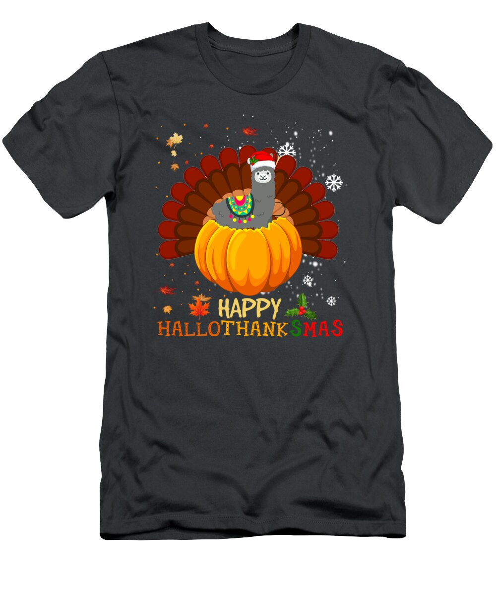 Llama Halloween and Merry Christmas Happy Hallothanksmas Forrest Gates T-Shirt