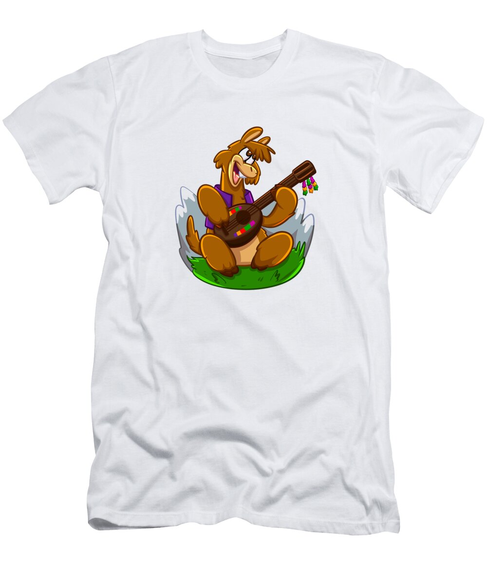Llama Playing the Guitar Cartoon Johnnie Art T-Shirt