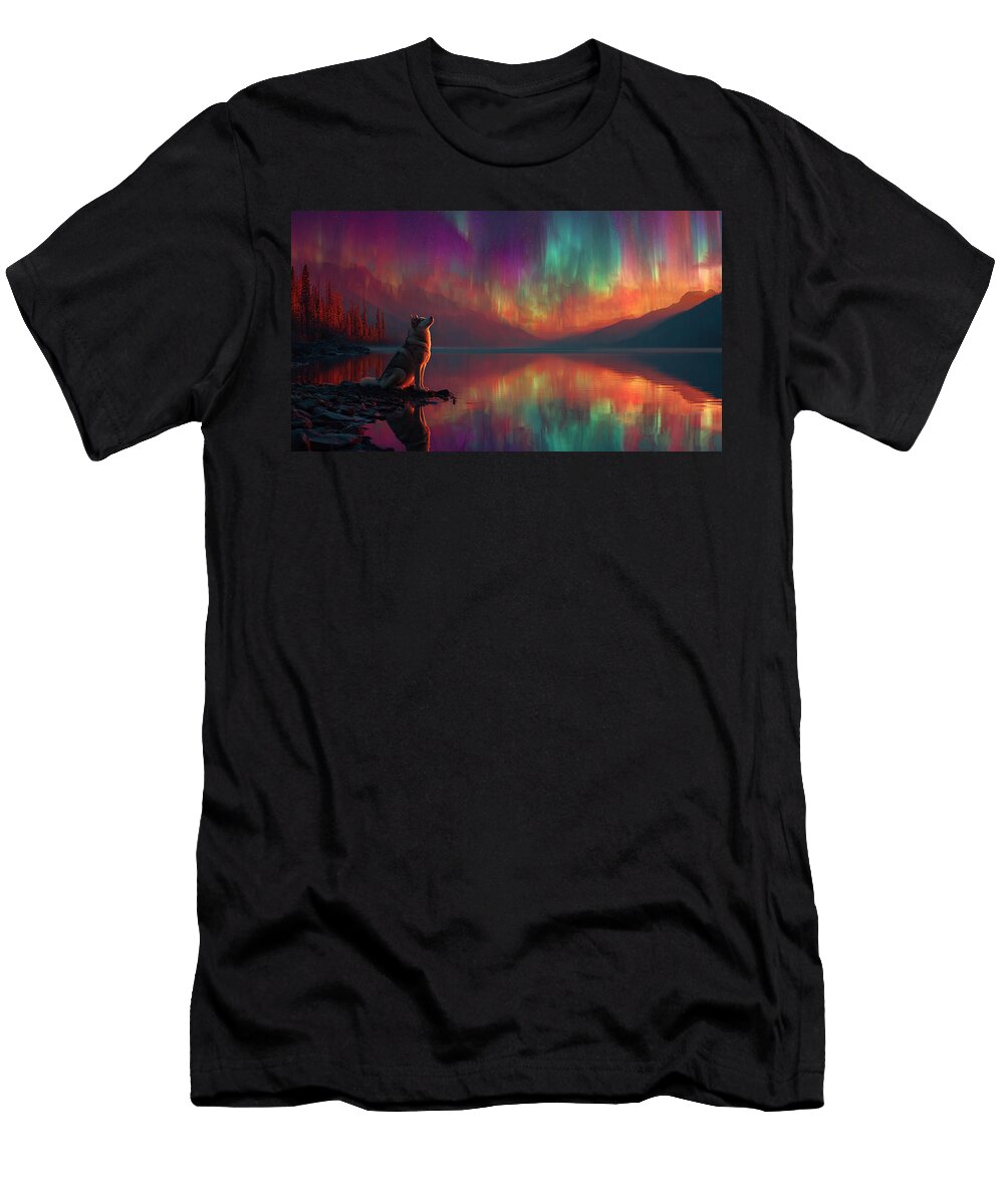 Lone Husky Gazes At Vibrant Aurora Borealis Reflecting in a Serene Lake Sasa Sun T-Shirt