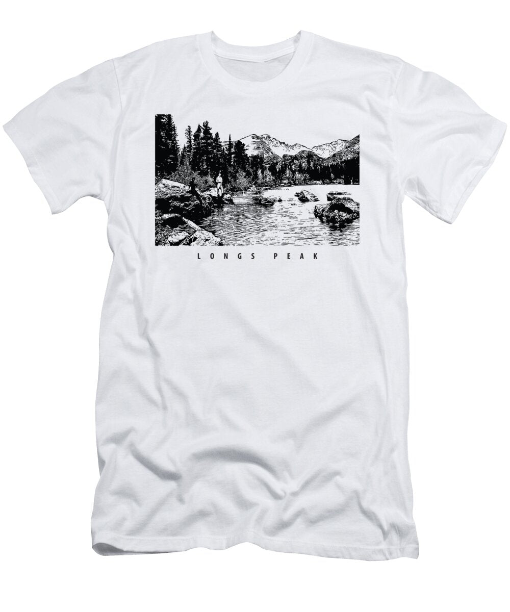 Longs Peak Bear Lake Landscape Black and White Drawing Long Shot T-Shirt