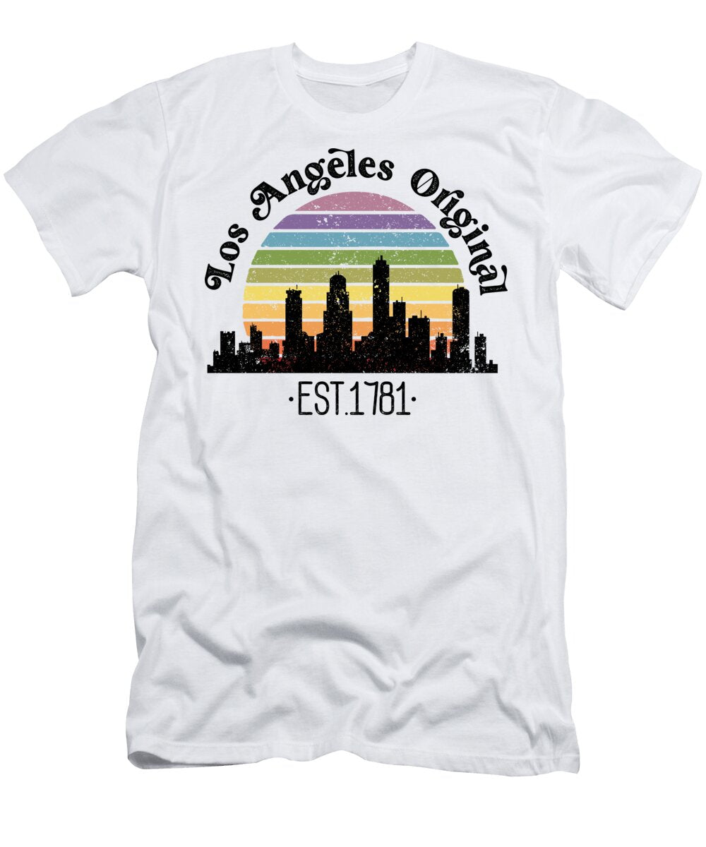 Los Angeles Original Retro Rainbow California Beaches Museums and Urban Treasures Dnt Prints T-Shirt