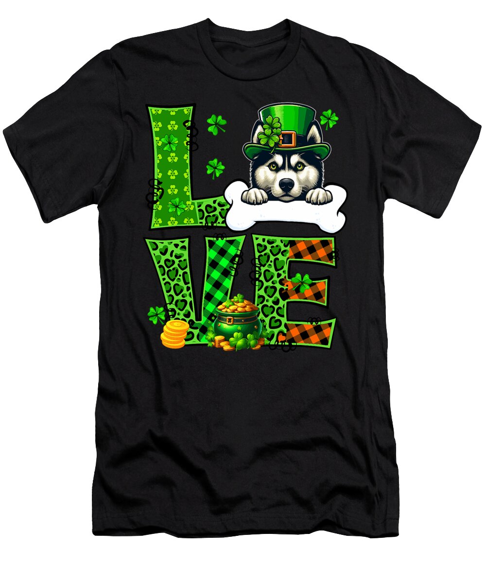 Love Leopard Shamrocks Husky St Patricks Day Natalie Lidford T-Shirt