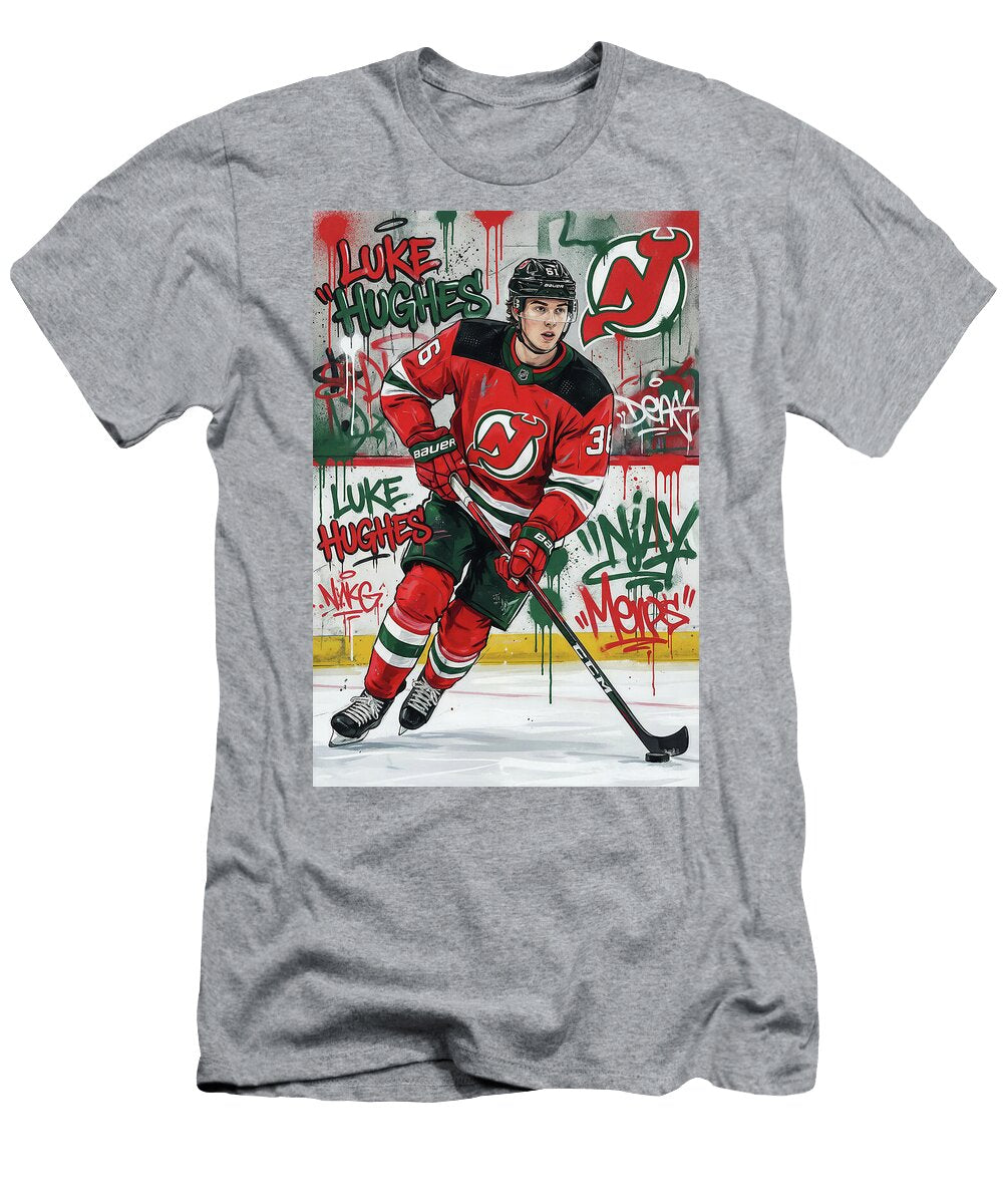 Luke Hughes Graffiti Poster Hockey Player NHL Sampadart Gallery T-Shirt