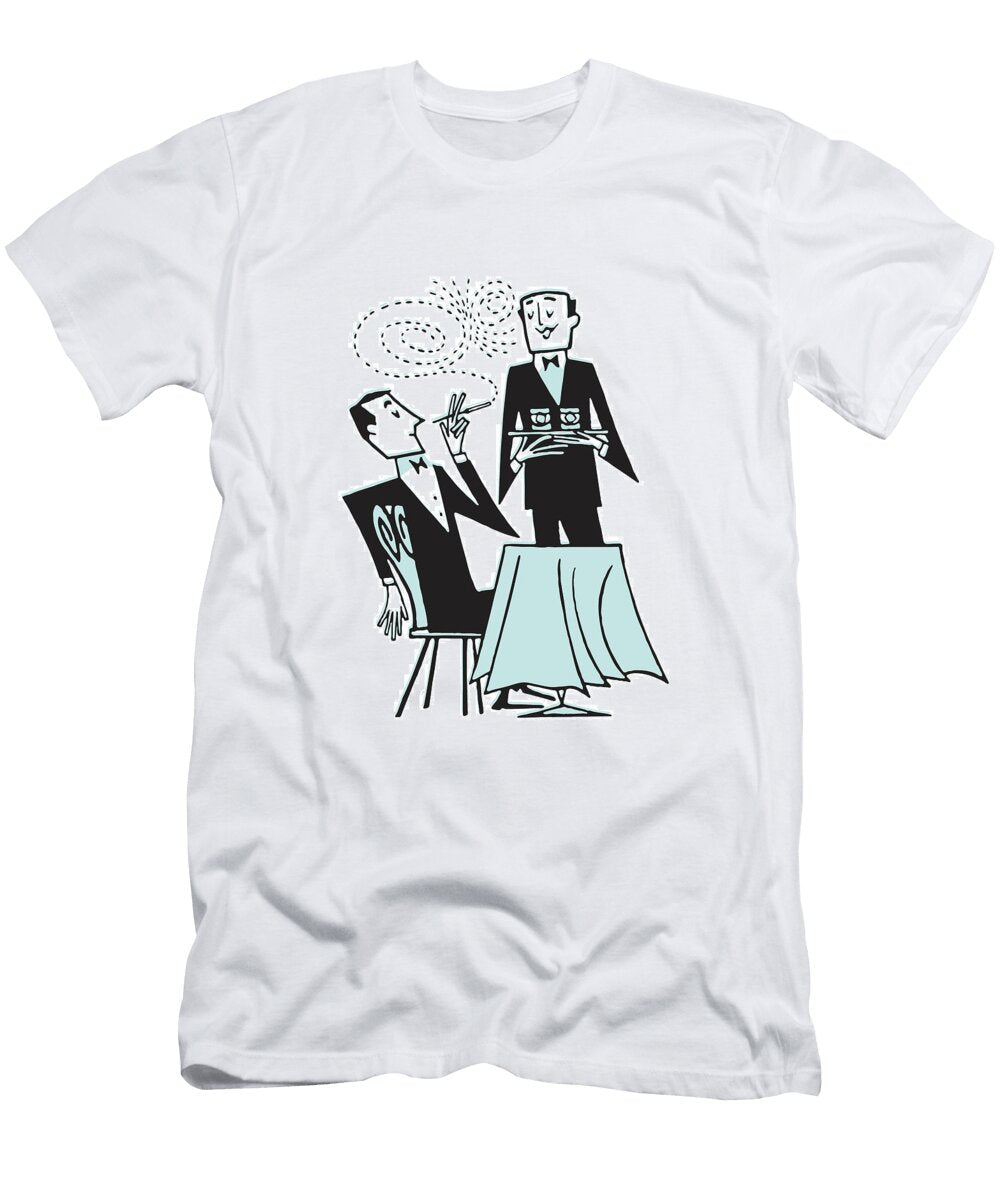 Man At Table for One Smoking and Talking to Waiter Csa Images T-Shirt
