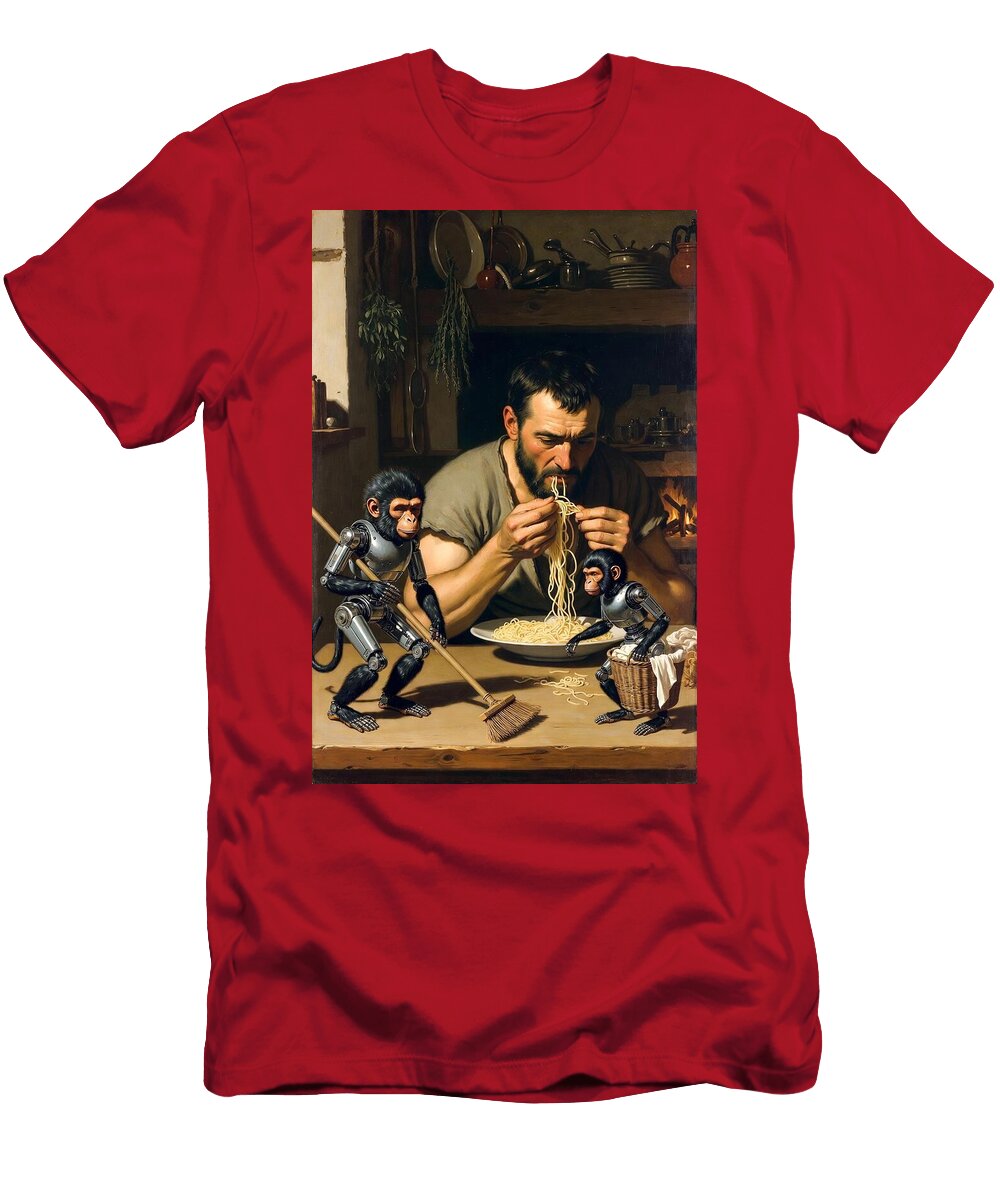 Man Eating Pasta with Robot Monkeys Team of Monkeys T-Shirt