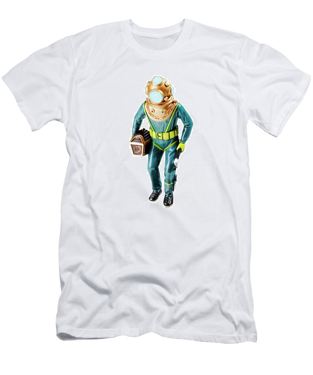 Man in Diving Helmet Holding Treasure Csa Images T-Shirt
