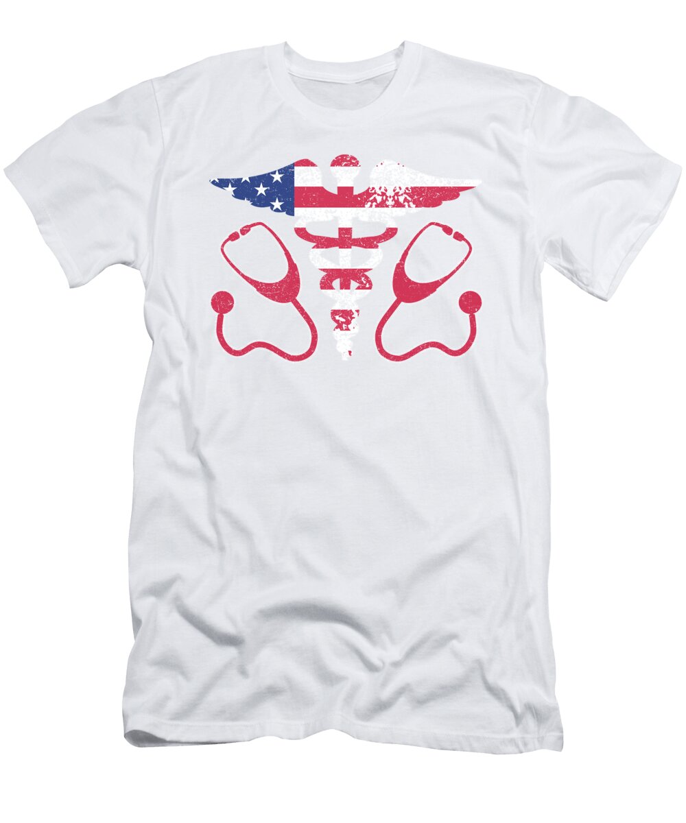Medical Professional American Flag Stethoscope Caduceus Kanig Designs T-Shirt