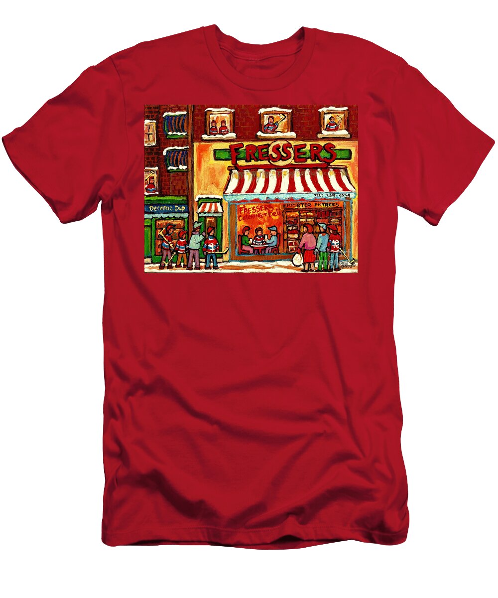 Meet Up At Fressers After the Hockey Game Montreal Winter City Scenes Painting Carole Spandau Carole Spandau T-Shirt