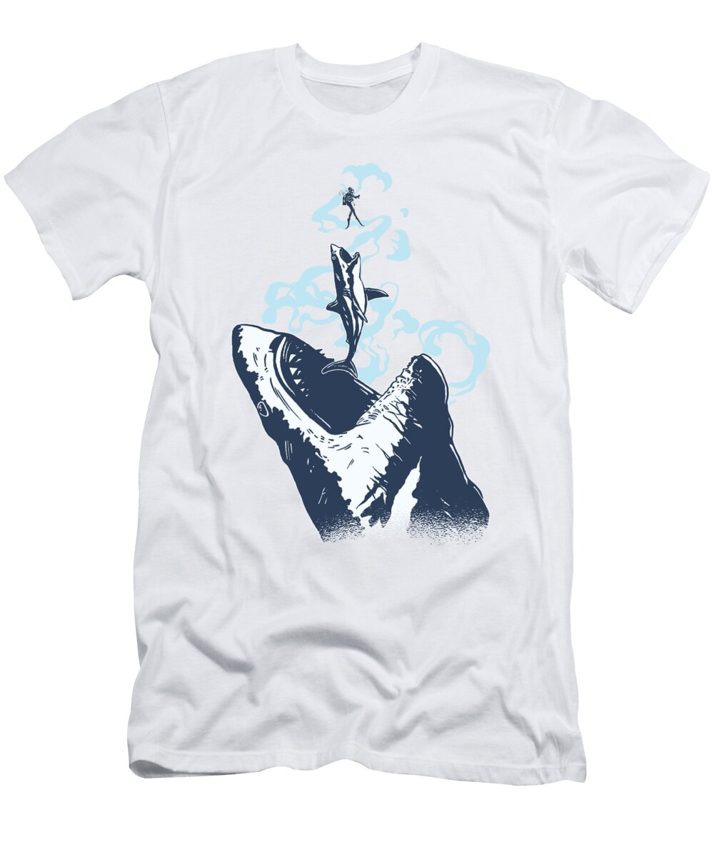 Megalodon Prehistoric Shark Hunts Shark and Man Licensed Art T-Shirt
