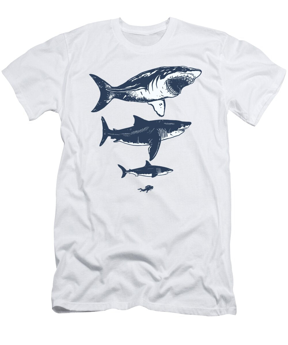 Megalodon Sizes Compaired to Shark and Diver Licensed Art T-Shirt