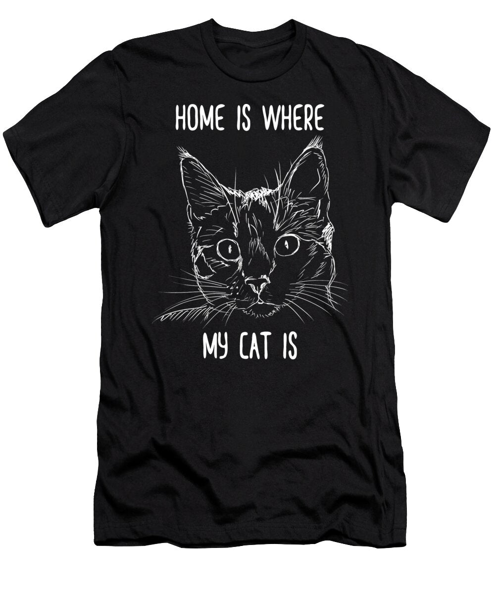 Mens Cat Home Is Where My Cat Is Hand Drawn Cat Face Quote Lettering White Version Mounir Khalfouf T-Shirt