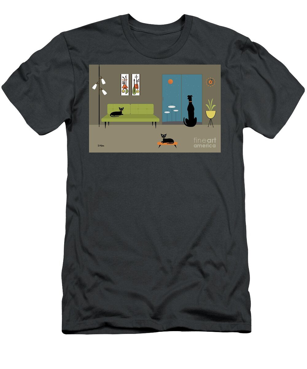 Mid Century Dog Spies Space Pods Donna Mibus T-Shirt