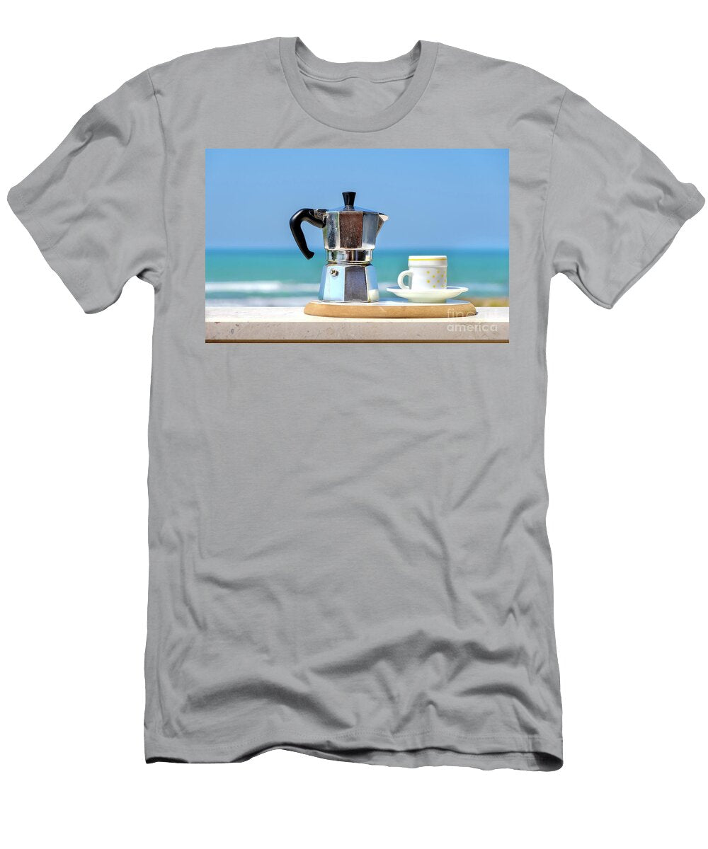 Moka Pot Coffee Maker Sea Background Italian Breakfast Luca Lorenzelli T-Shirt
