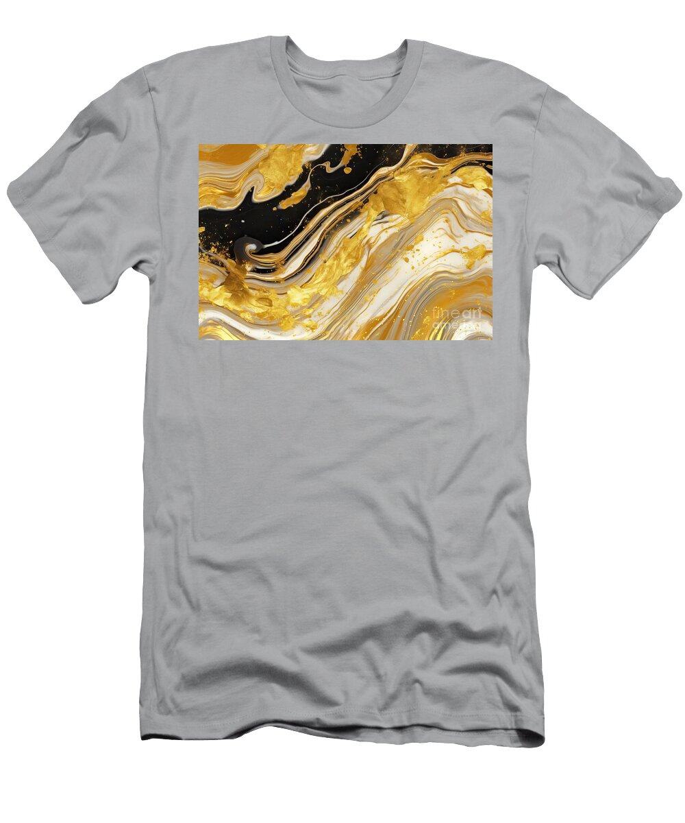 Monocolor Alcohol Ink Marbling Raster Background Liquid Waves and Stains Black and Gold Abstract Fluid Art Acrylic and Oil Paint Flow Monochrome Contemporary Backdrop Black Marble with Golden Vein N Akkash T-Shirt