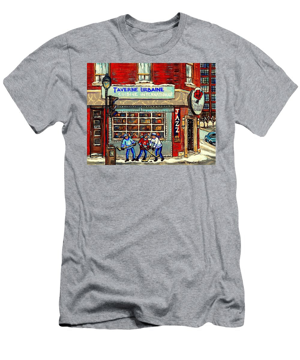 Montreal Corner Jazz Bar Taverne Urbaine Hockey Art Winter Scene Canadian Painting Carole Spandau Carole Spandau T-Shirt
