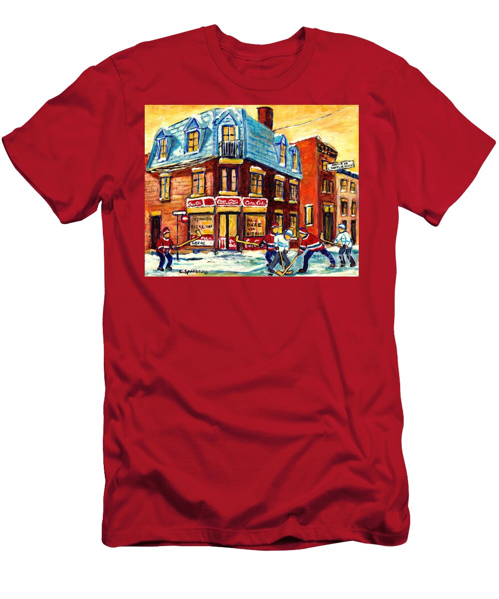 Montreal Depanneur Winter Scene Street Hockey in Front of Downtown Corner Store Carole Spandau Carole Spandau T-Shirt