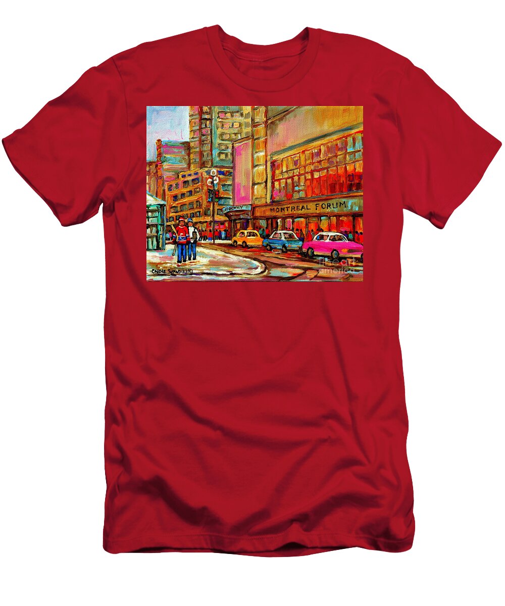 Montreal Forum Winter Scene Paintings Snowy Day Downtown Strolling Atwater C Spandau Carole Spandau T-Shirt