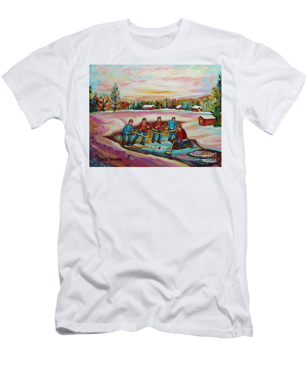 Montreal Memories Pond Hockey Countryside Winter Art in Laurentians Carole Spandau Paintings Carole Spandau T-Shirt