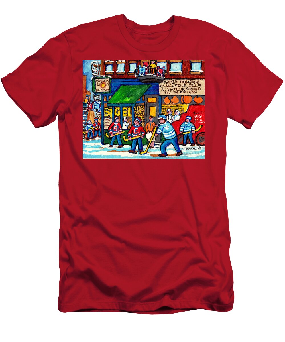 Montreal St Viateur Bagel Shop Painting C Spandau Quebec Artist Street Hockey Winter Scene for Sale Carole Spandau T-Shirt