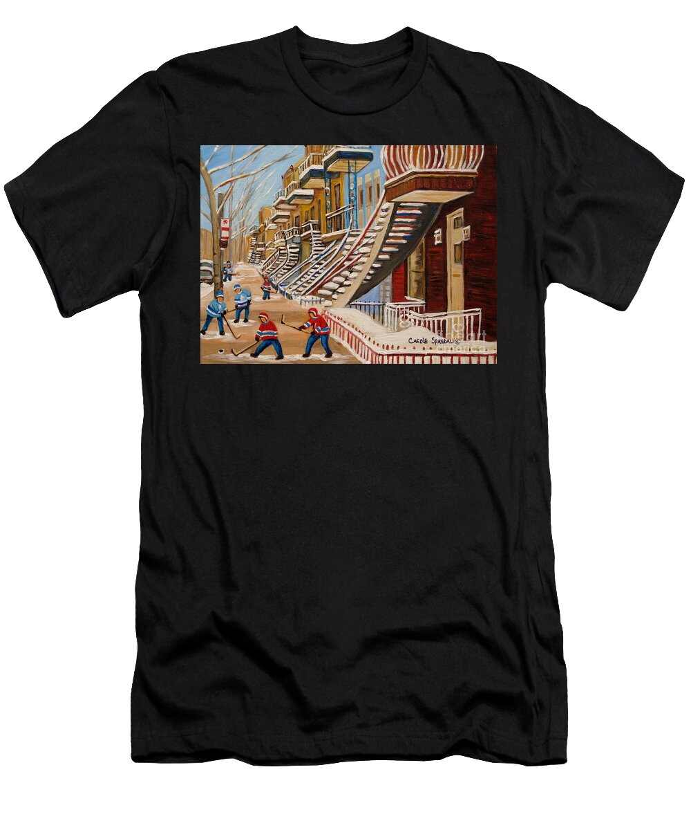 Montreal Street Hockey Scene Winter Fun in the City Near the Winding Staircase Carole Spandau Artist Carole Spandau T-Shirt