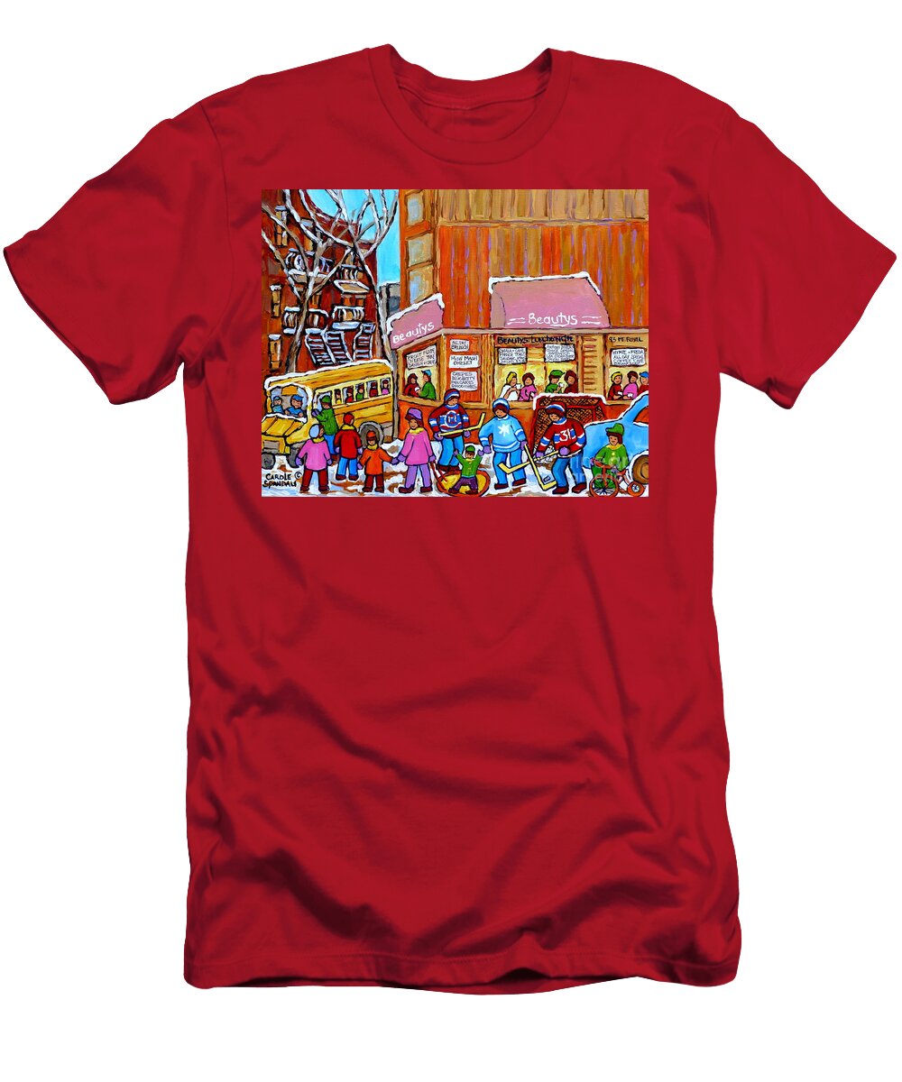Montreal Street in Winter Beautys Restaurant Mont Royal and St Urbain Canadian Art Carole Spandau Carole Spandau T-Shirt
