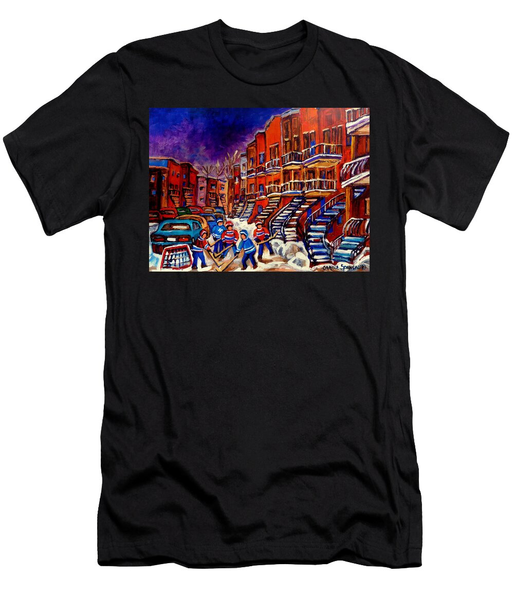 Montreal Street Scene Paintings Hockey on De Bullion Street Carole Spandau T-Shirt