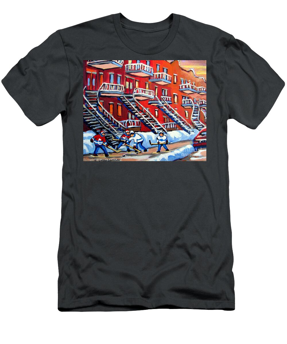 Montreal Winter Scene After School Street Hockey Practice Near Winding Staircases Carole Spandau Art Carole Spandau T-Shirt