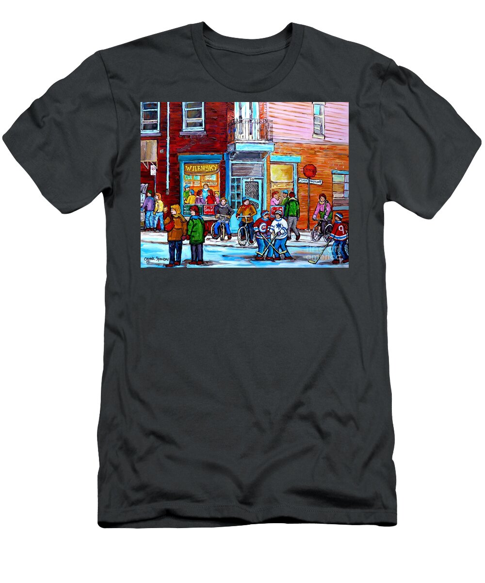 Montreal Winter Scene Bicycles and Hockey At Wilenskys Lunch Counter Canadian Art Carole Spandau Carole Spandau T-Shirt