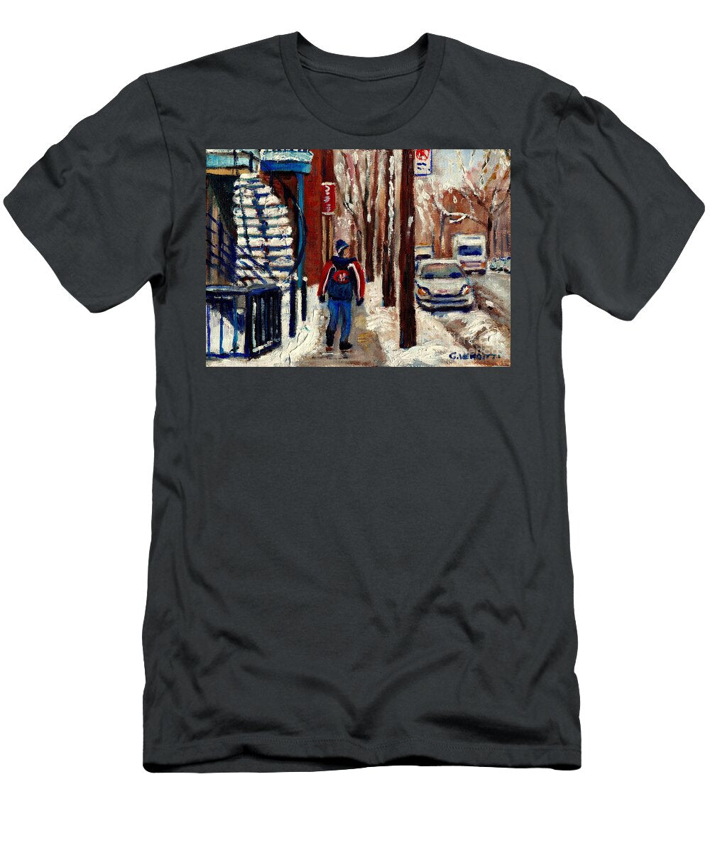 Montreal Winter Scene Near Outdoor Staircase with Man Walking Grace Venditti Art Grace Venditti T-Shirt
