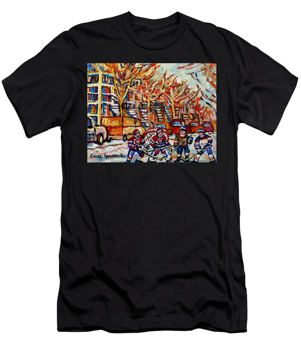 Montreal Winter Scene Street Hockey Fun Plateau Mont Royal Snow Day Carole Spandau Artist Carole Spandau T-Shirt