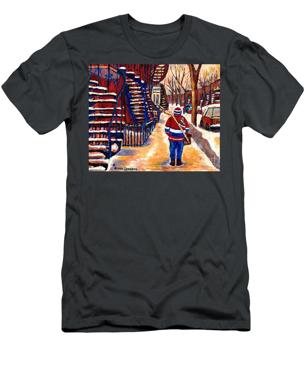 Montreal Winter Street Hockey Scene Walking Near Outdoor Snowy Staircase Carole Spandau Painting Carole Spandau T-Shirt