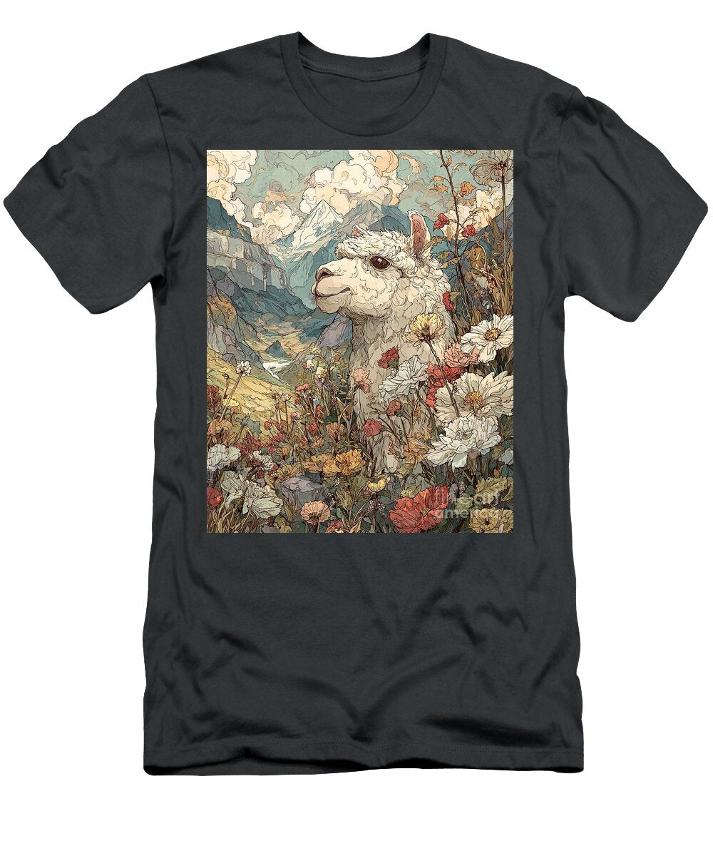 Mountain Landscape Alpaca in a Mountain Meadow Alpaca Art Floral Design Clint Mclaughlin T-Shirt