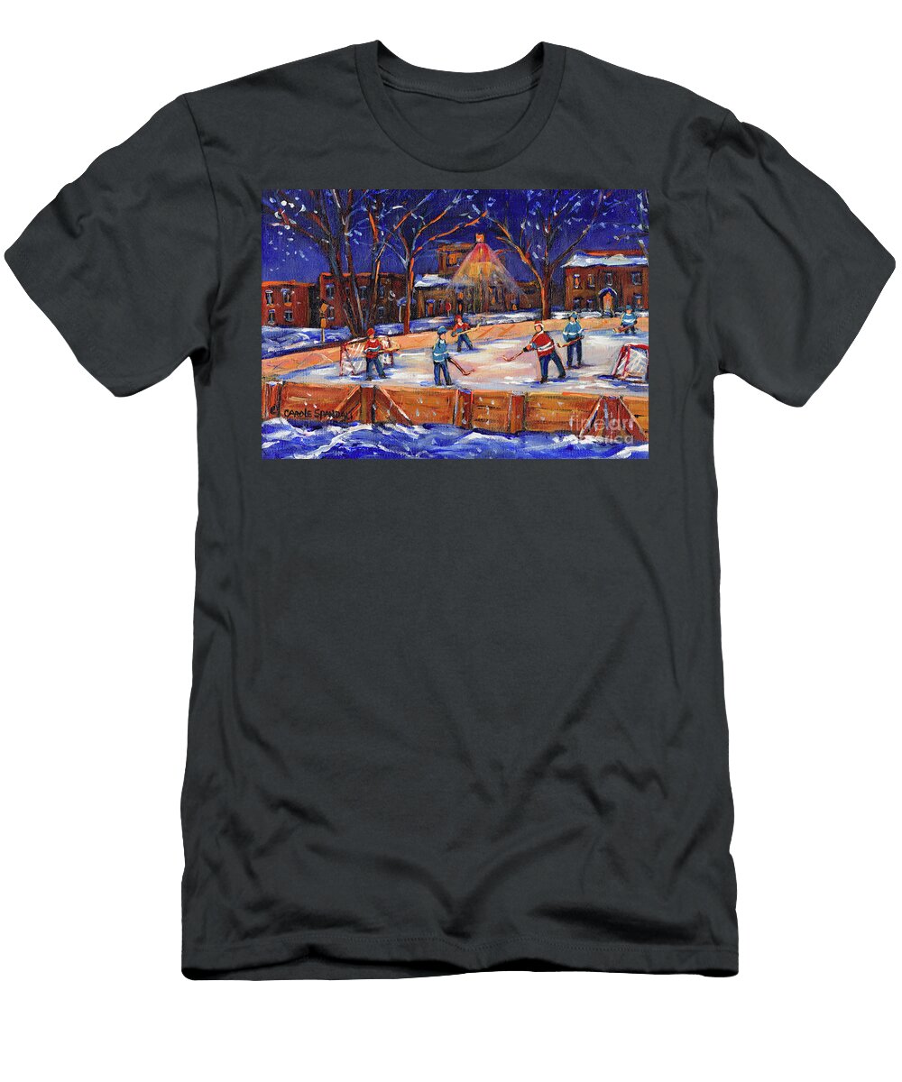 Neighborhood Evening Hockey Game Montreal Winter Scene Outdoor Ice Rink Carole Spandau Quebec Artist Carole Spandau T-Shirt