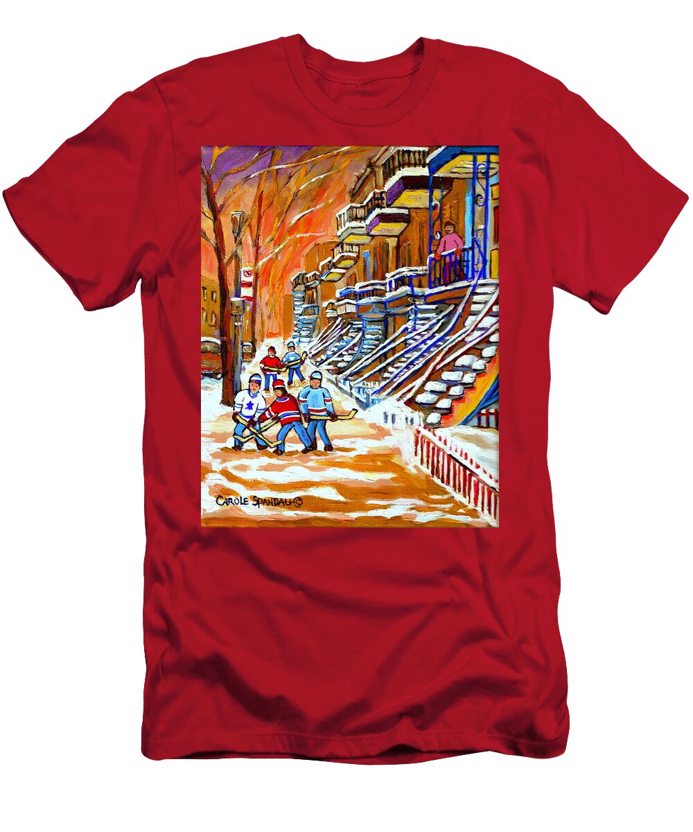 Neighborhood Street Hockey Game Last Call Time for Dinner Montreal Winter Scene Art Carole Spandau Carole Spandau T-Shirt