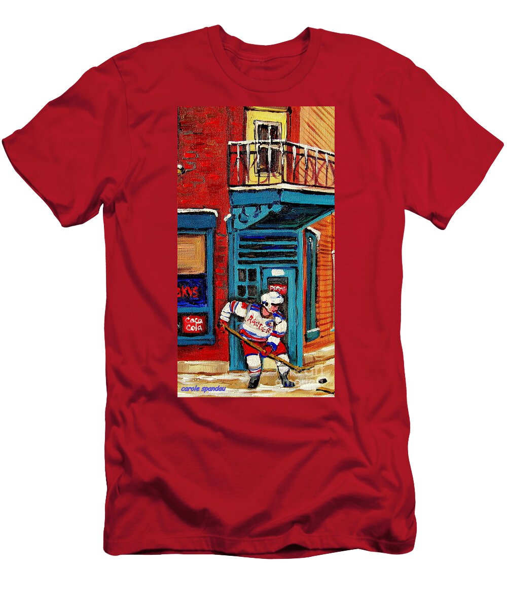 New York Rangers Player Near Wilensky Diner Doorway Montreal Winter Street Scene Carole Spandau Art Carole Spandau T-Shirt