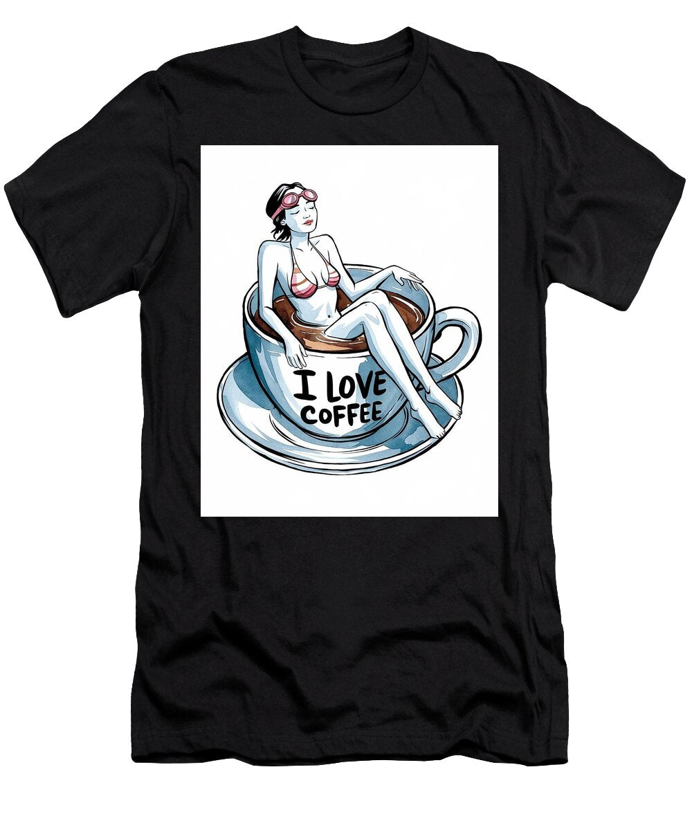 No 02 I Love Coffee Funny Set Young Beautiful Girl with Big Coffee Cup Fun Morning Routine Coffee Mounir Khalfouf T-Shirt
