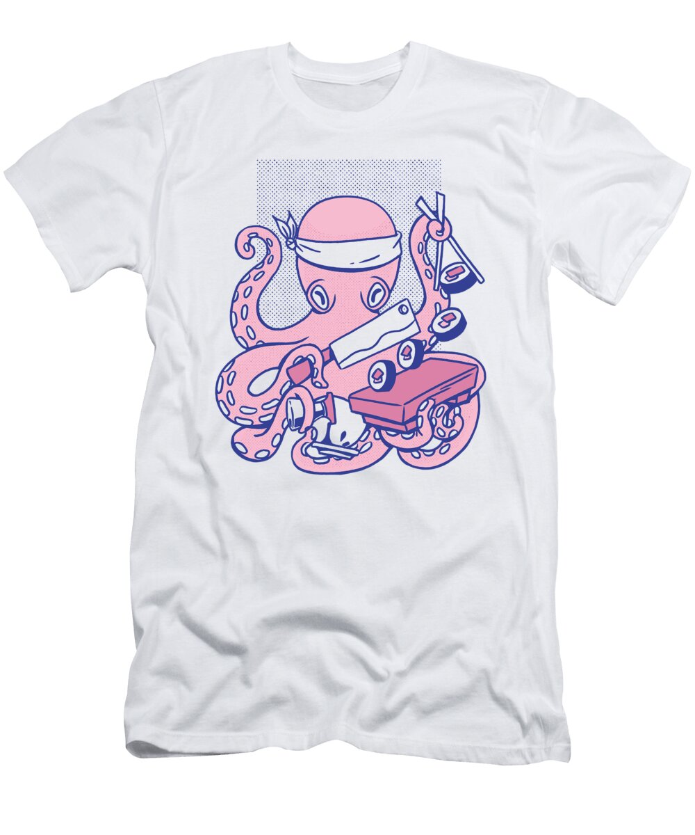 Octopus Sushi Chef Cartoon Japanese Sushi Octopus Licensed Art T-Shirt