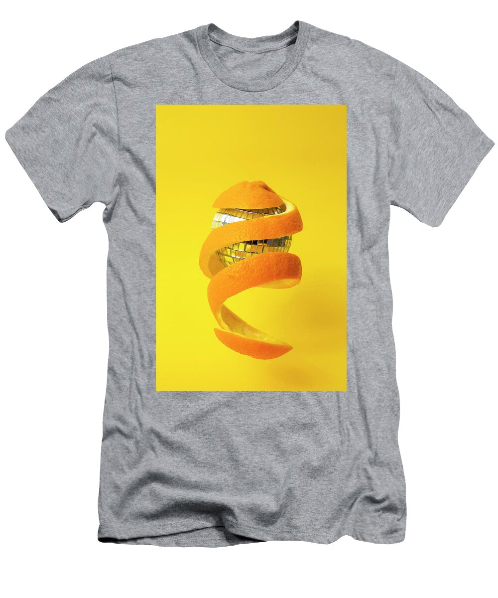 Orange Peel Around a Disco Mirror Ball Floating on Yellow Backg Dorin Puha T-Shirt