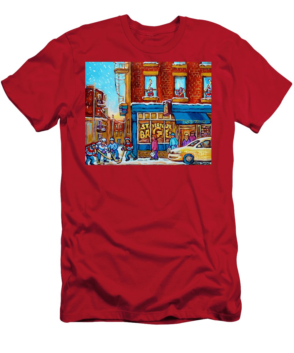 Original Hockey Art St Viateur Bagel Paintings for Sale Street Hockey in the Laneway Canadian Winter Carole Spandau T-Shirt