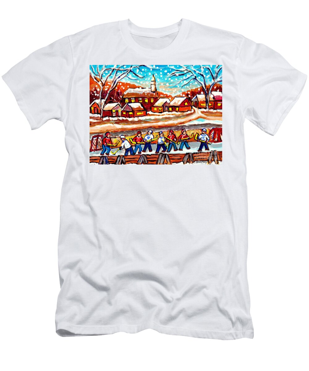 Outdoor Hockey Rink Cozy Cabins Church Village Scene Snow Falling Canadian Winter Painting C Spandau Carole Spandau T-Shirt