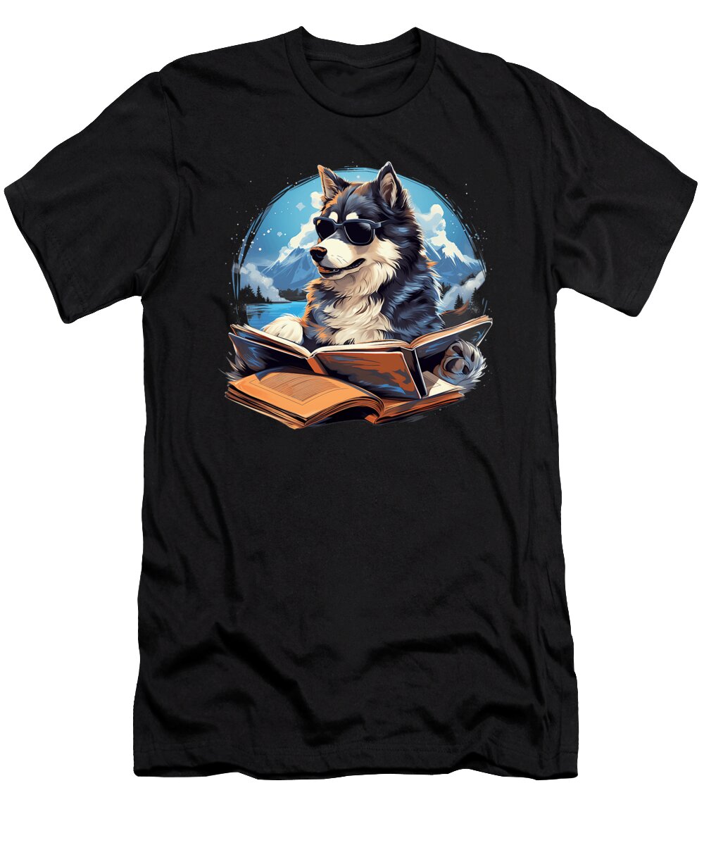 Outdoors Alaskan Malamute Dog Reading Book Funny Natalie Lidford T-Shirt