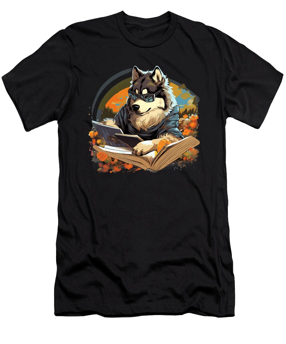 Outdoors Alaskan Malamute Dog Reading Book Natalie Lidford T-Shirt