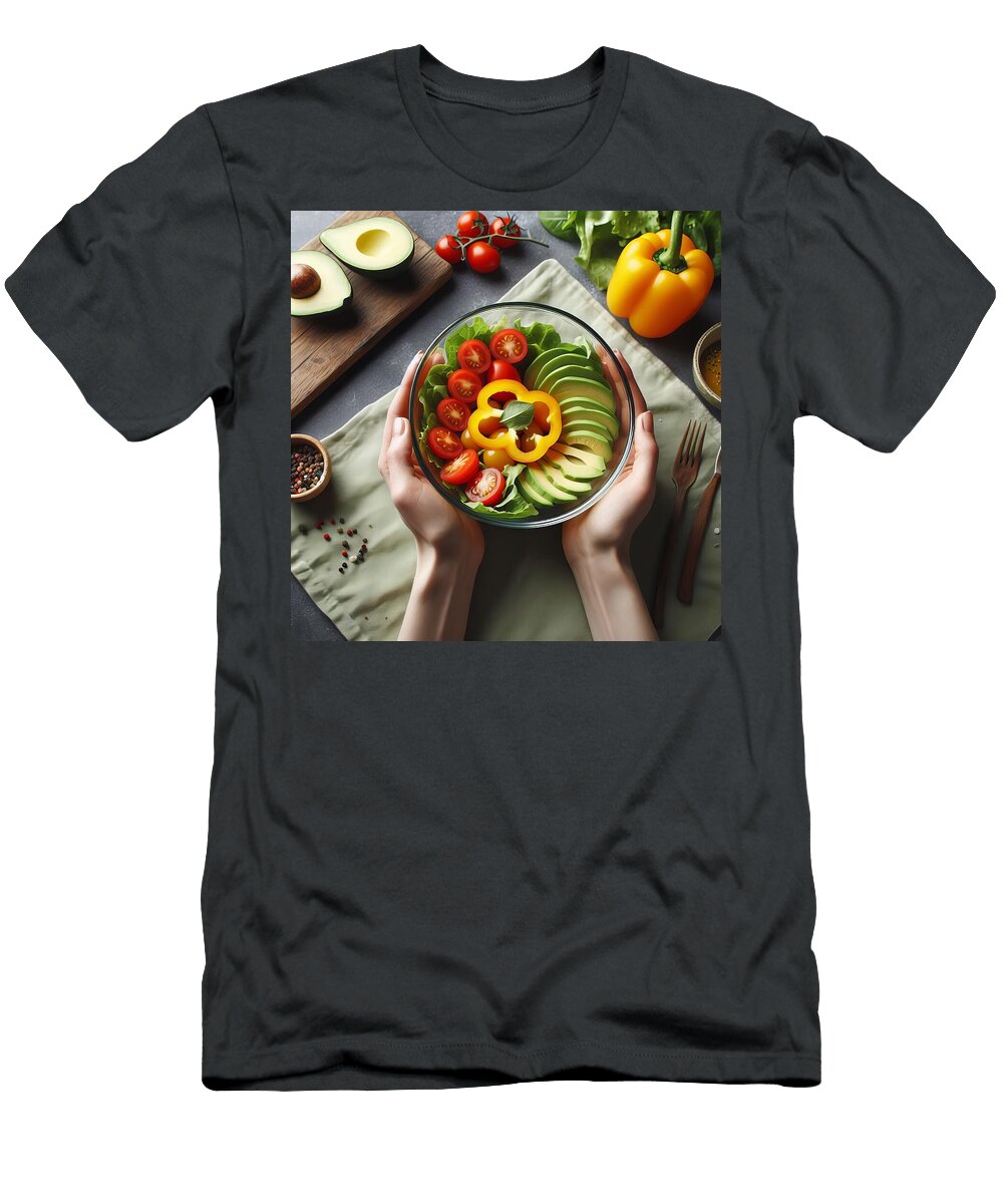 Overhead View of Woman Hands Holding Fresh Vegan Salad Bowl with Avocado Slices and Cherry Tomatoes Talha Khan T-Shirt