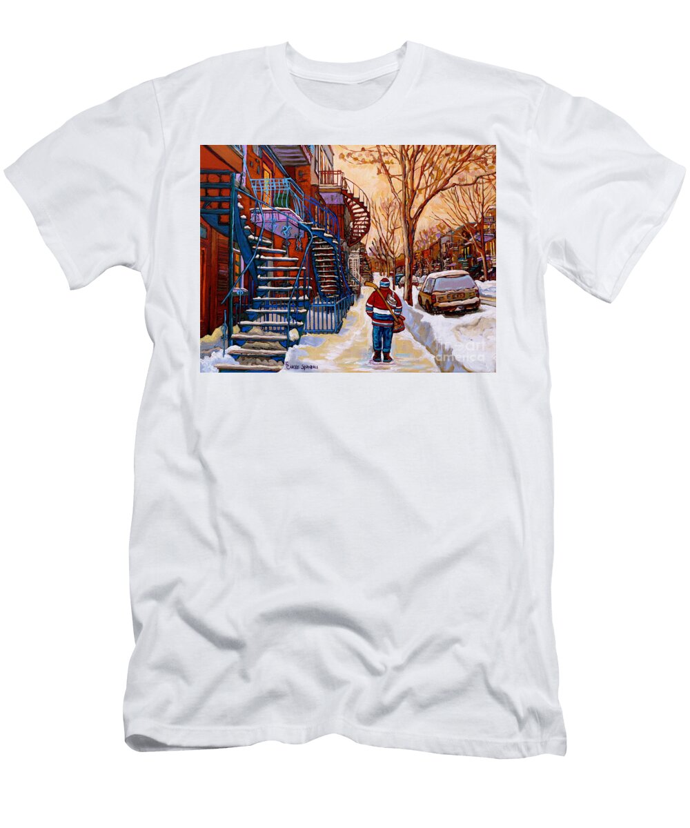 Paintings of Montreal Beautiful Staircases in Winter Walking Home After the Game By Carole Spandau Carole Spandau T-Shirt