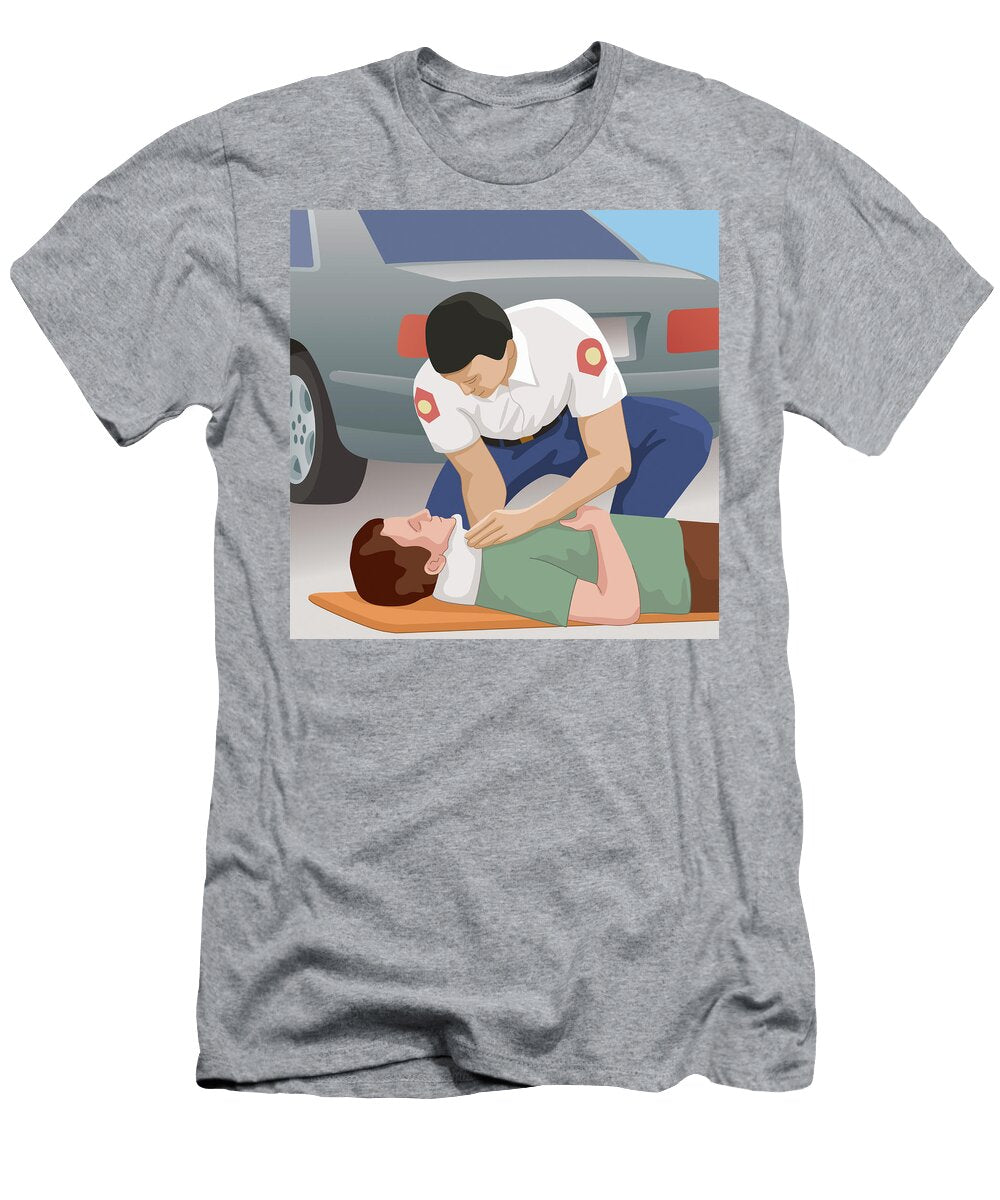 Paramedic Helping Patient Lying on Road Ikon Ikon Images T-Shirt